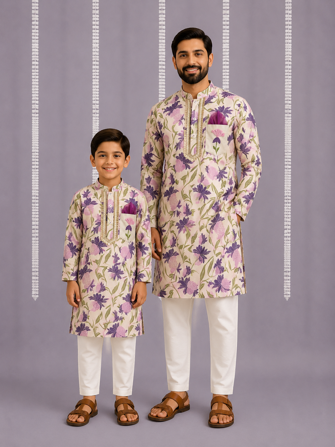 Off white purple floral cow kurta set