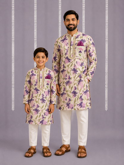 Off white purple floral cow kurta set