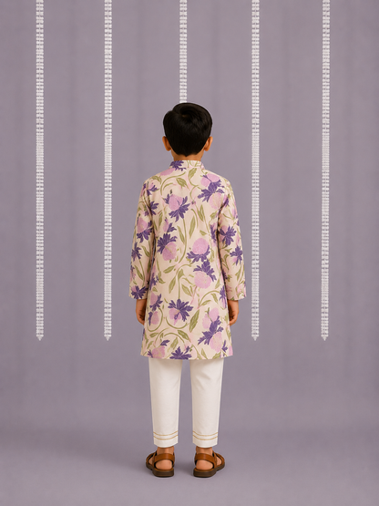 Off white purple floral cow kurta set