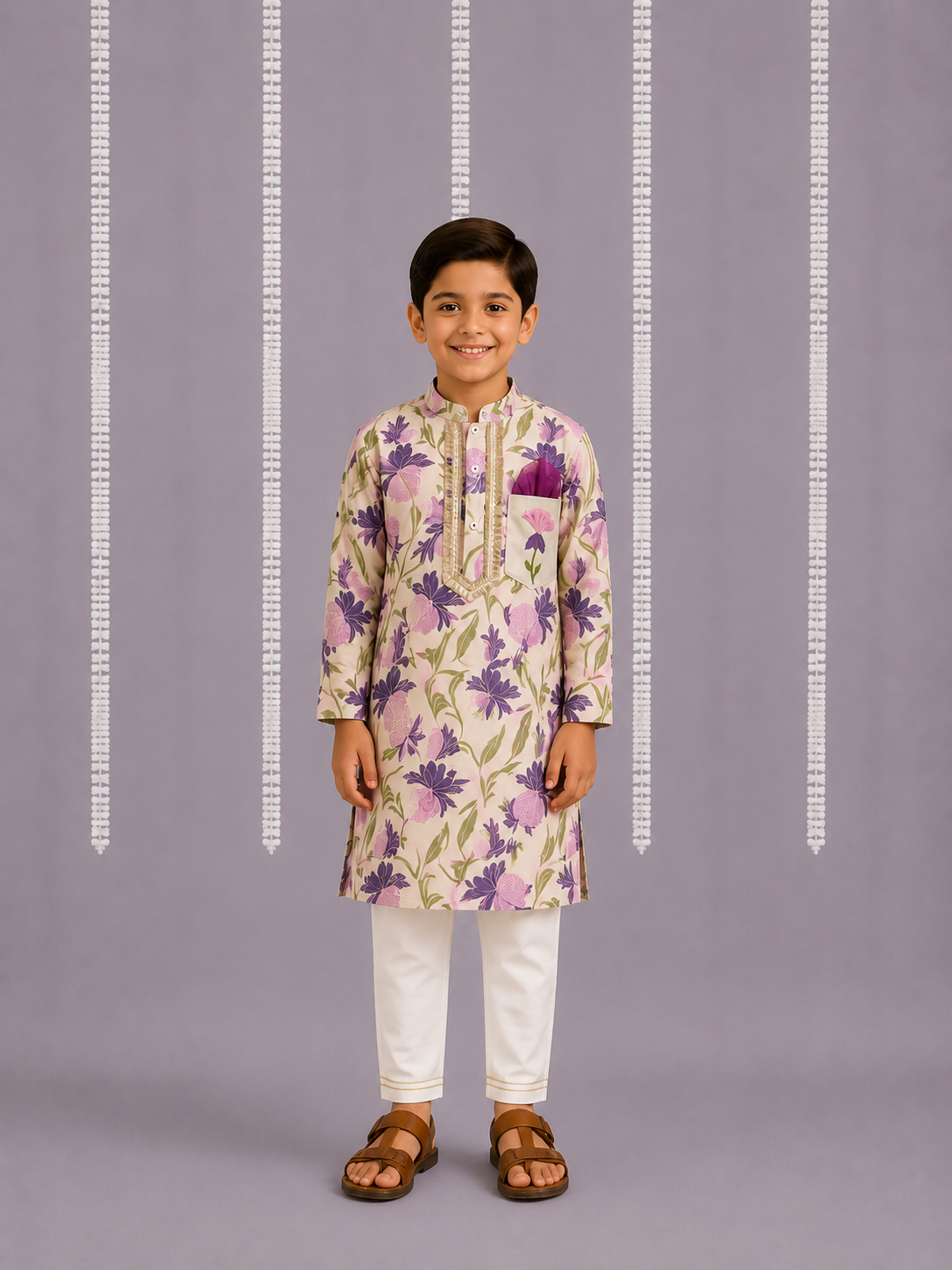 Off white purple floral cow kurta set