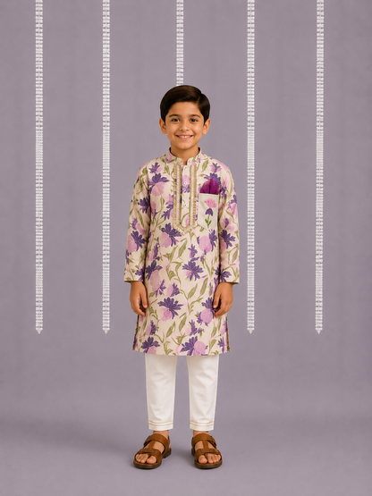 Off white purple floral cow kurta set