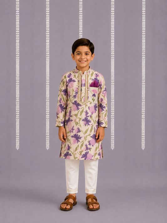 Off white purple floral cow kurta set