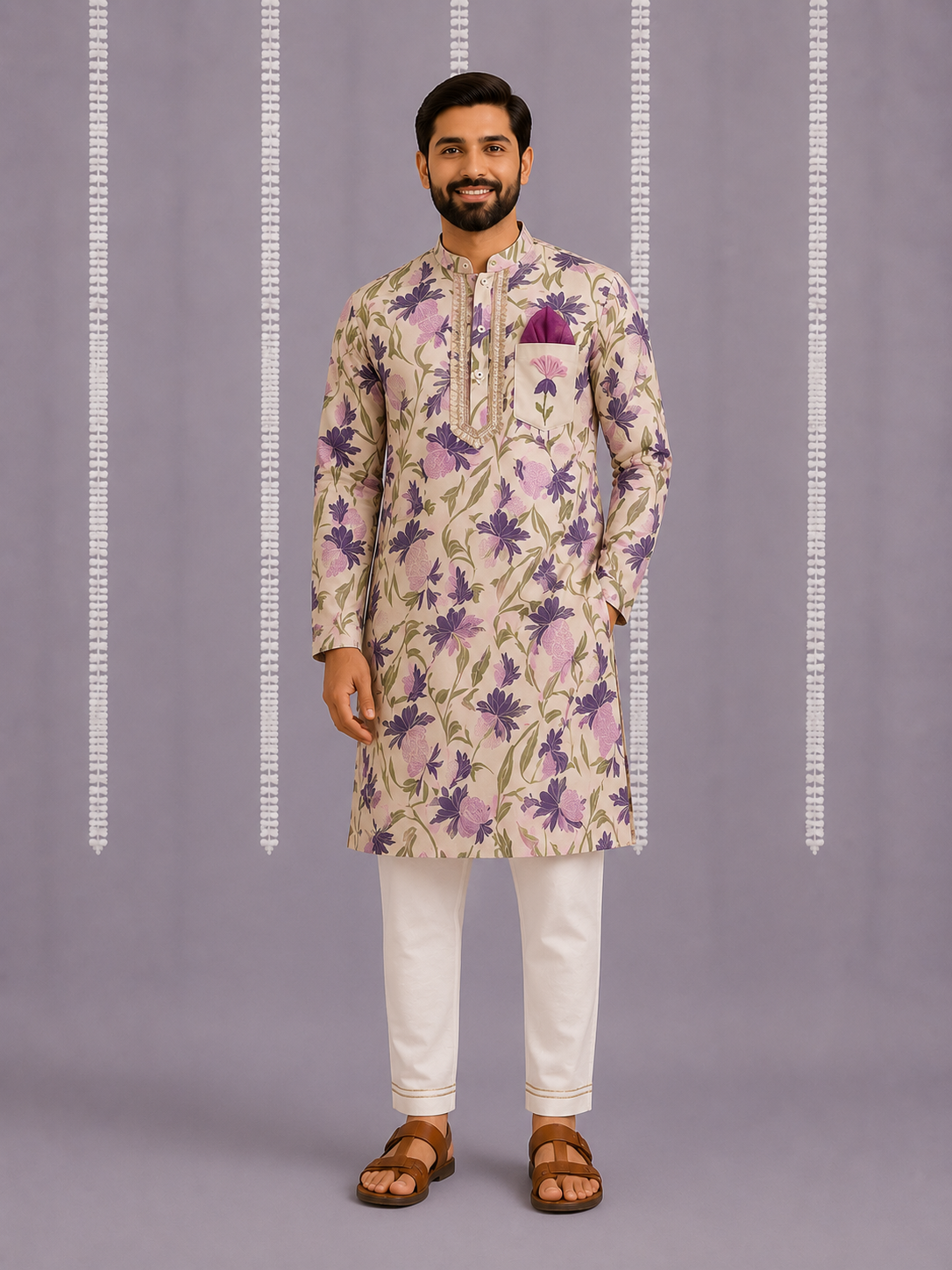 Off white purple floral cow kurta set