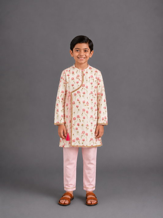 Pink Lotus Print Kurta Pyjama set
