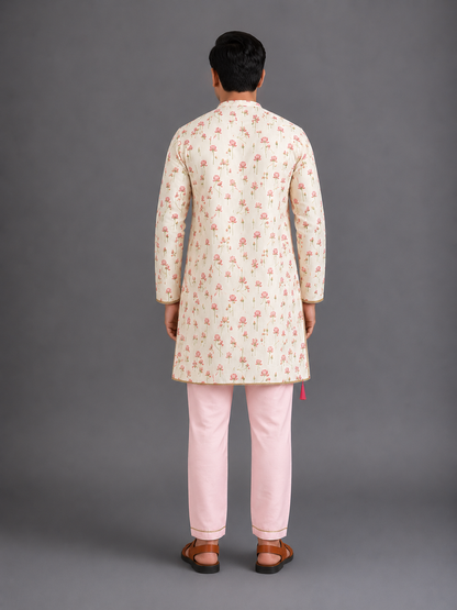 Pink Lotus Print Kurta Pyjama set