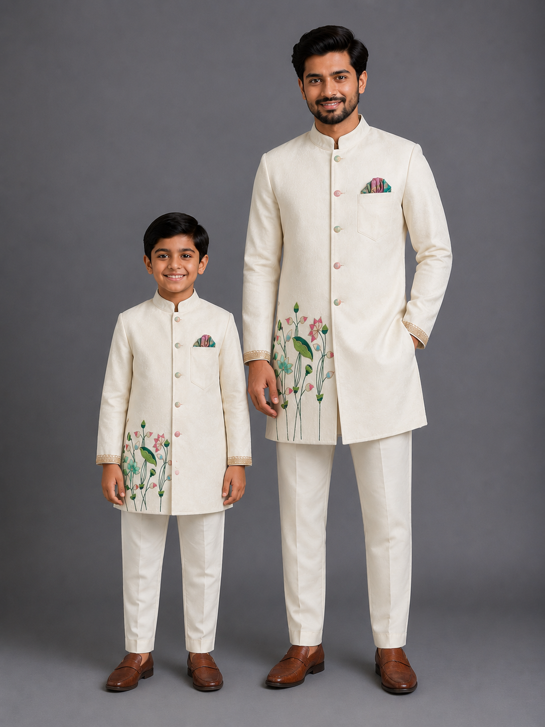 Off White Velvet Embroidered Bandhgala Set