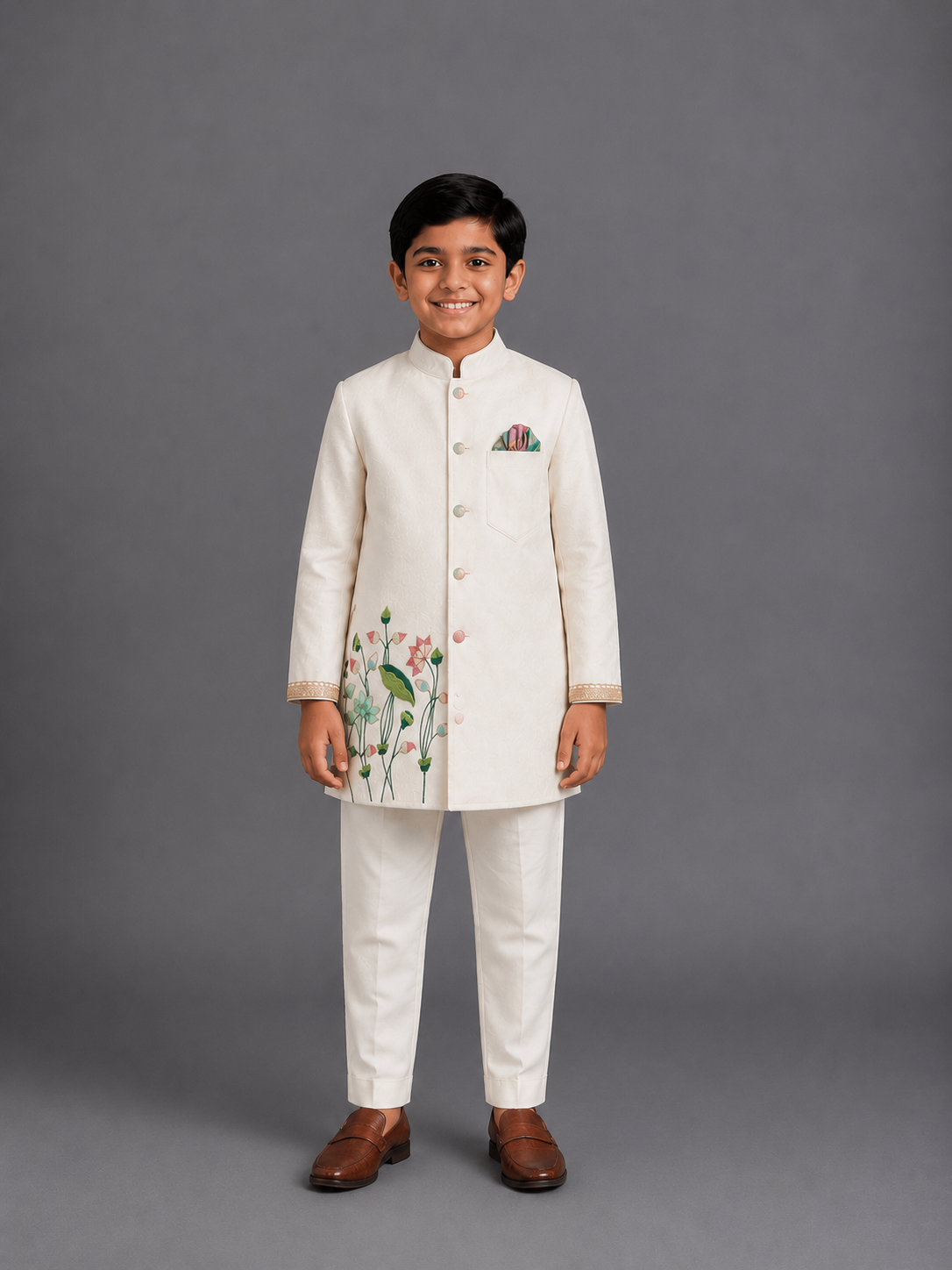 Off White Velvet Embroidered Bandhgala Set
