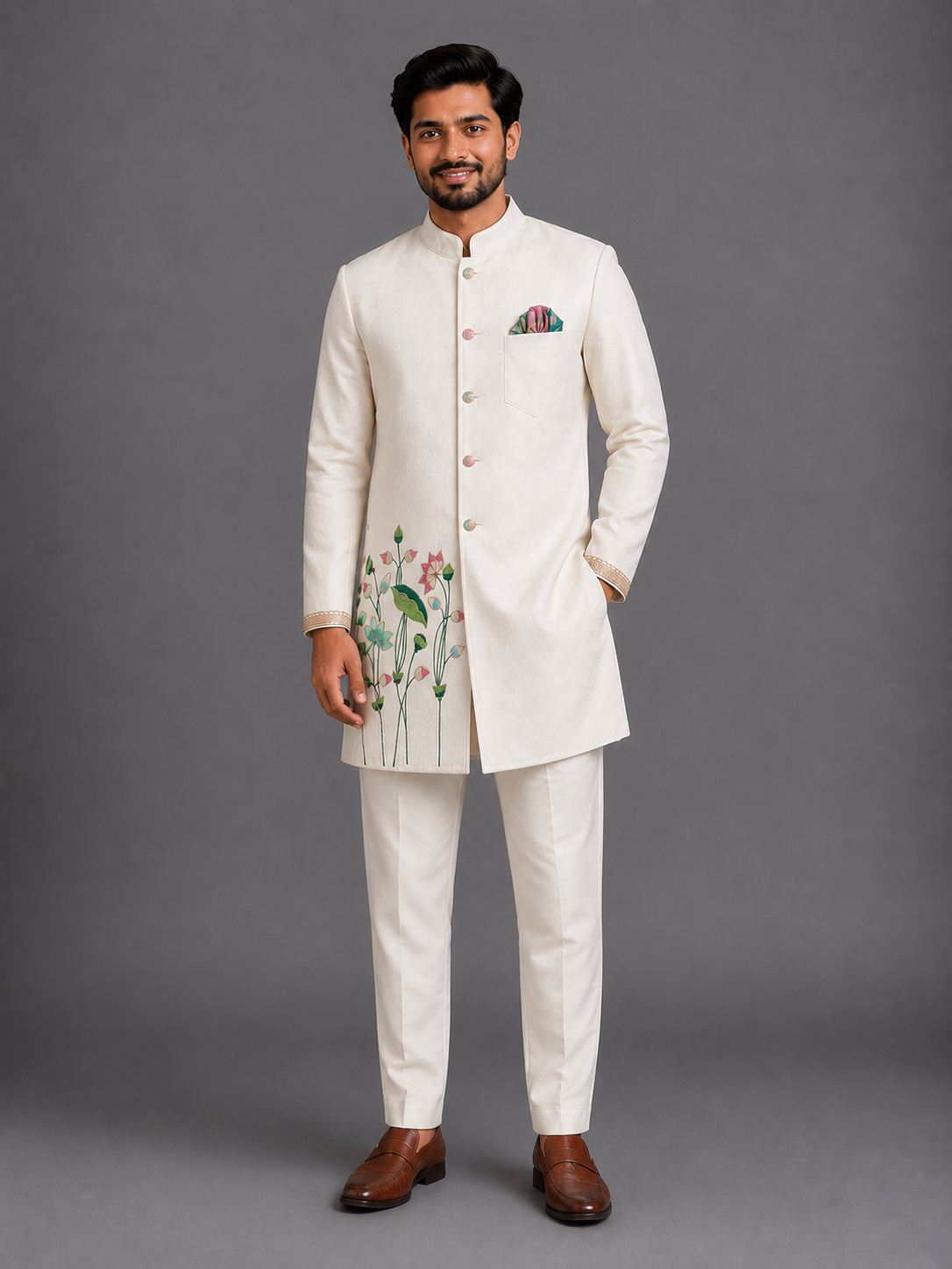 Off White Velvet Embroidered Bandhgala Set