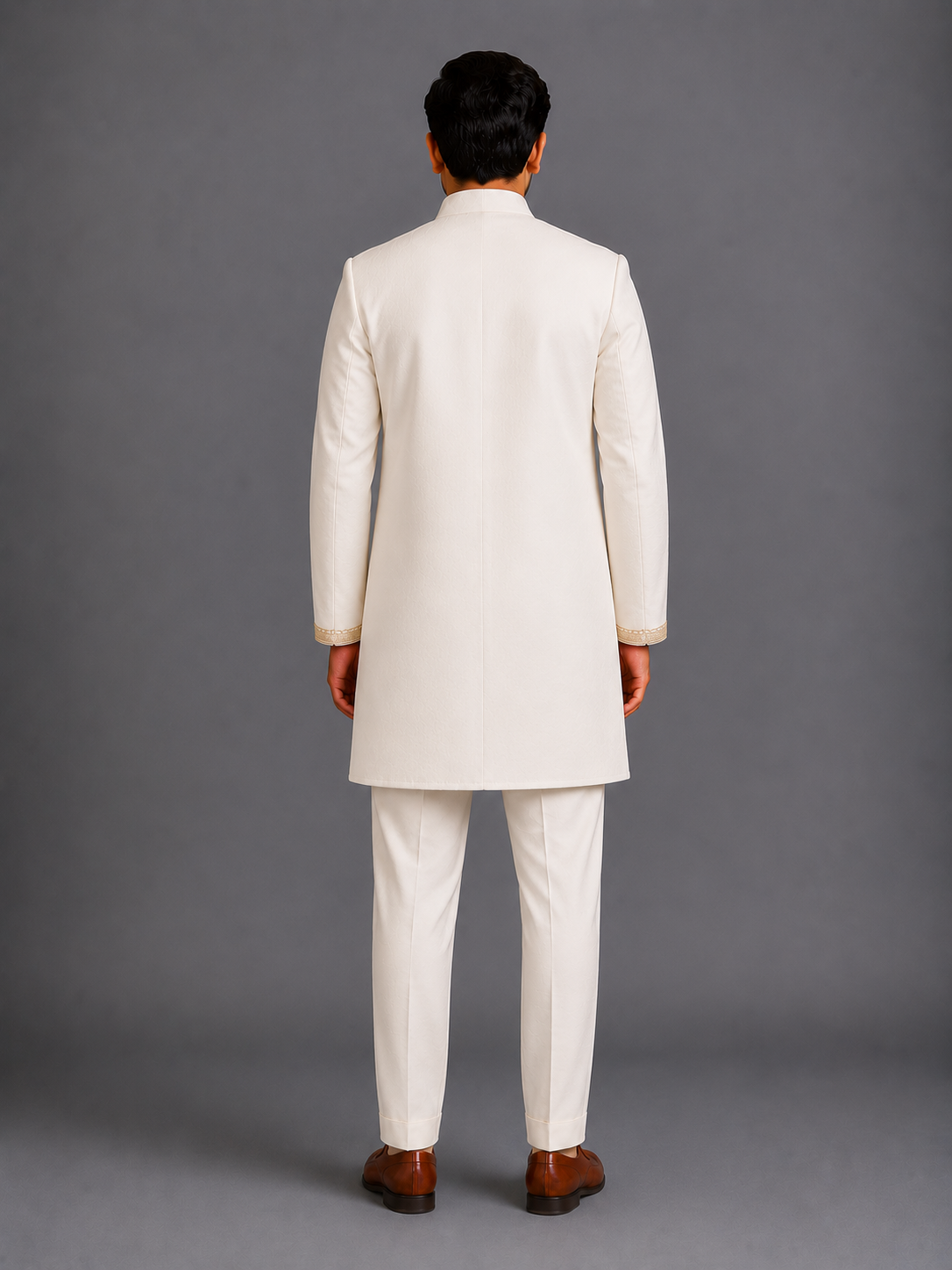 Off White Velvet Embroidered Bandhgala Set