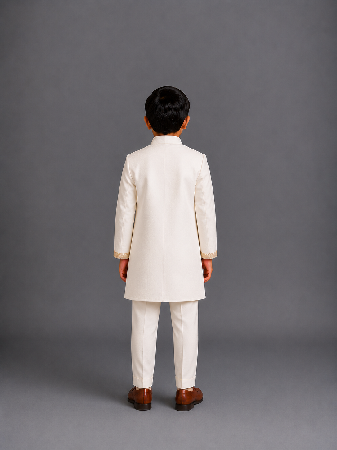 Off White Velvet Embroidered Bandhgala Set