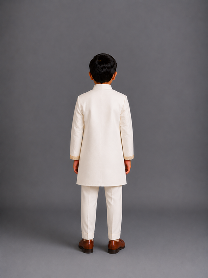 Off White Velvet Embroidered Bandhgala Set