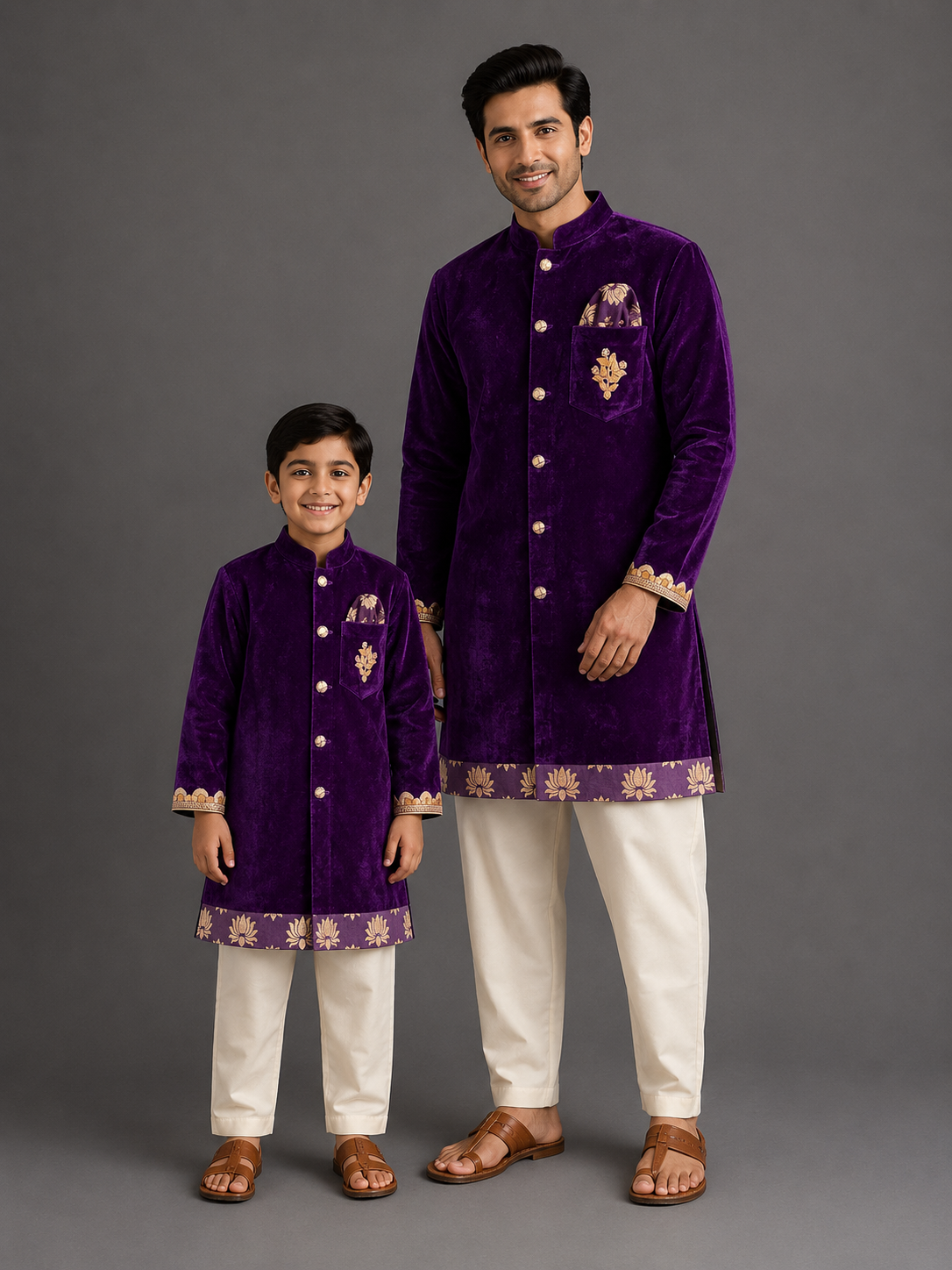 Purple Velvet Lotus Print kurta Set