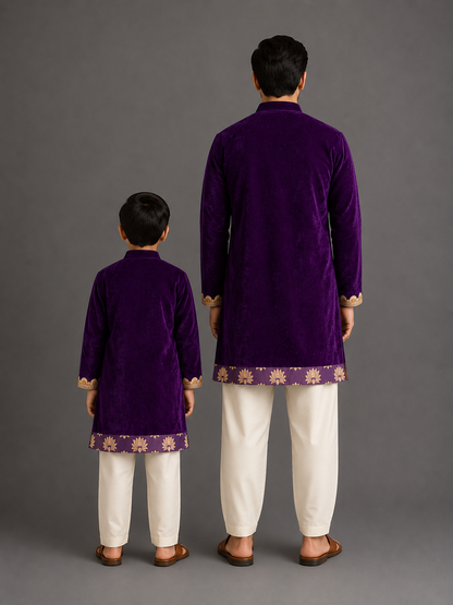 Purple Velvet Lotus Print kurta Set