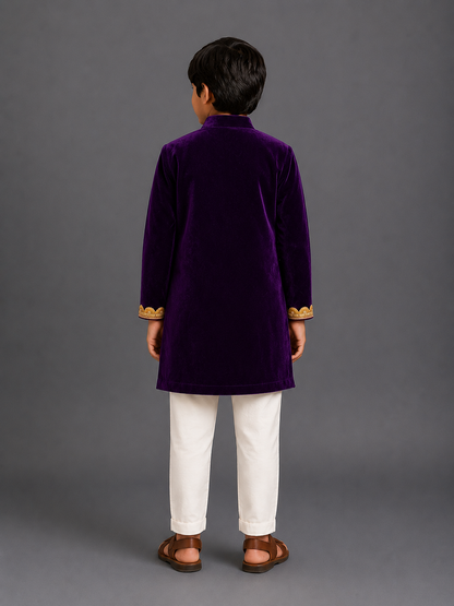 Purple Velvet Lotus Print kurta Set