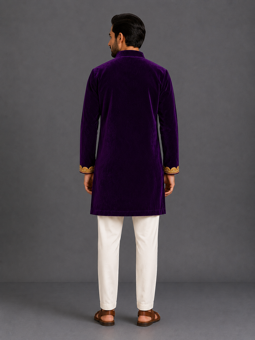 Purple Velvet Lotus Print kurta Set