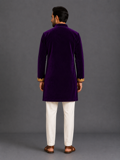 Purple Velvet Lotus Print kurta Set