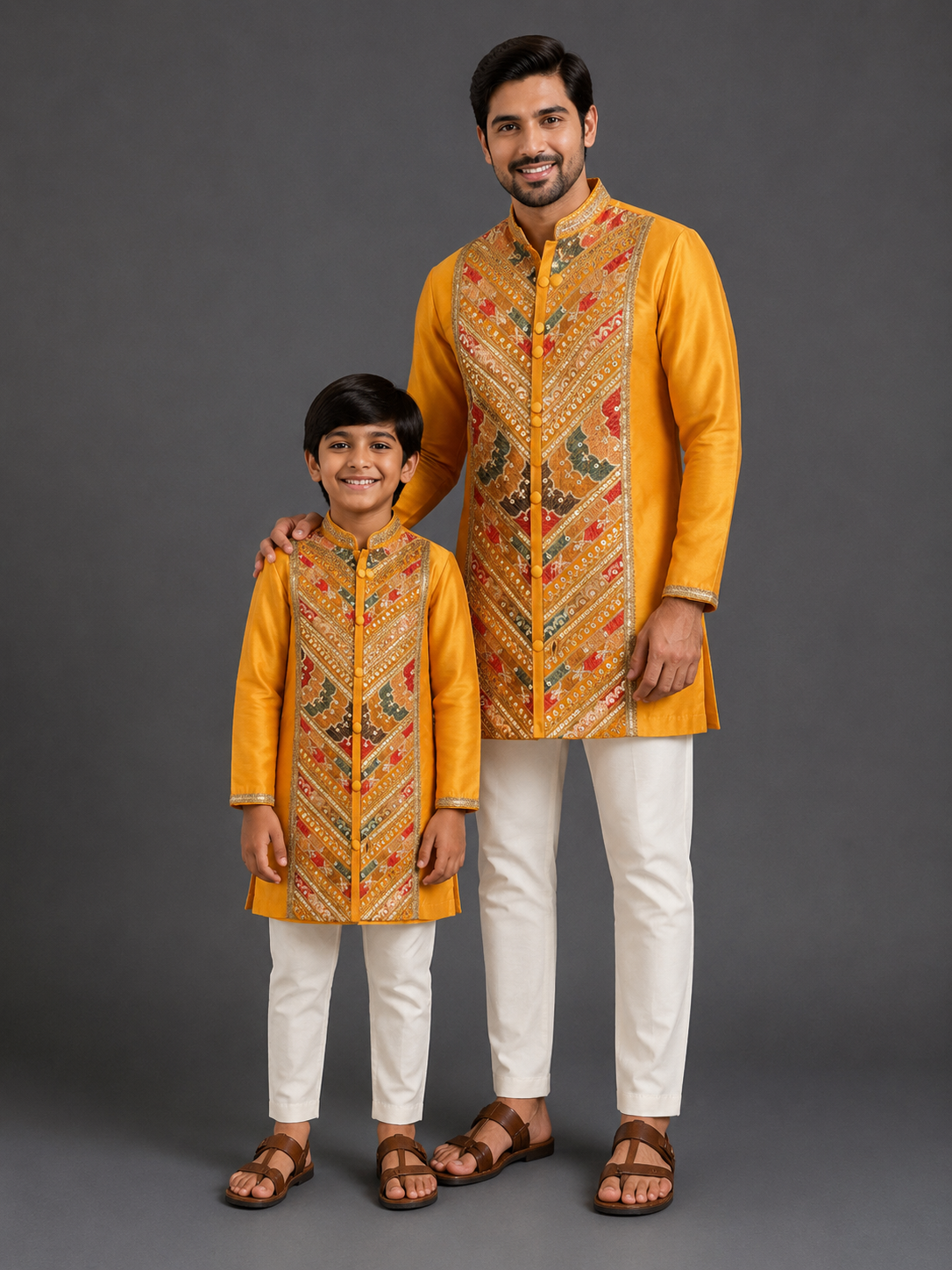 Orange/Yellow  Embroidery Panel Kurta  set