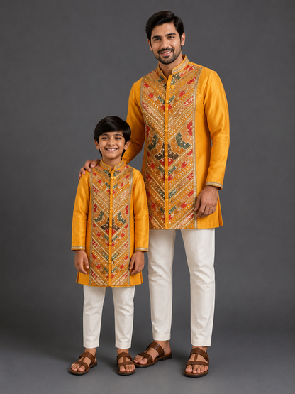 Orange/Yellow  Embroidery Panel Kurta  set