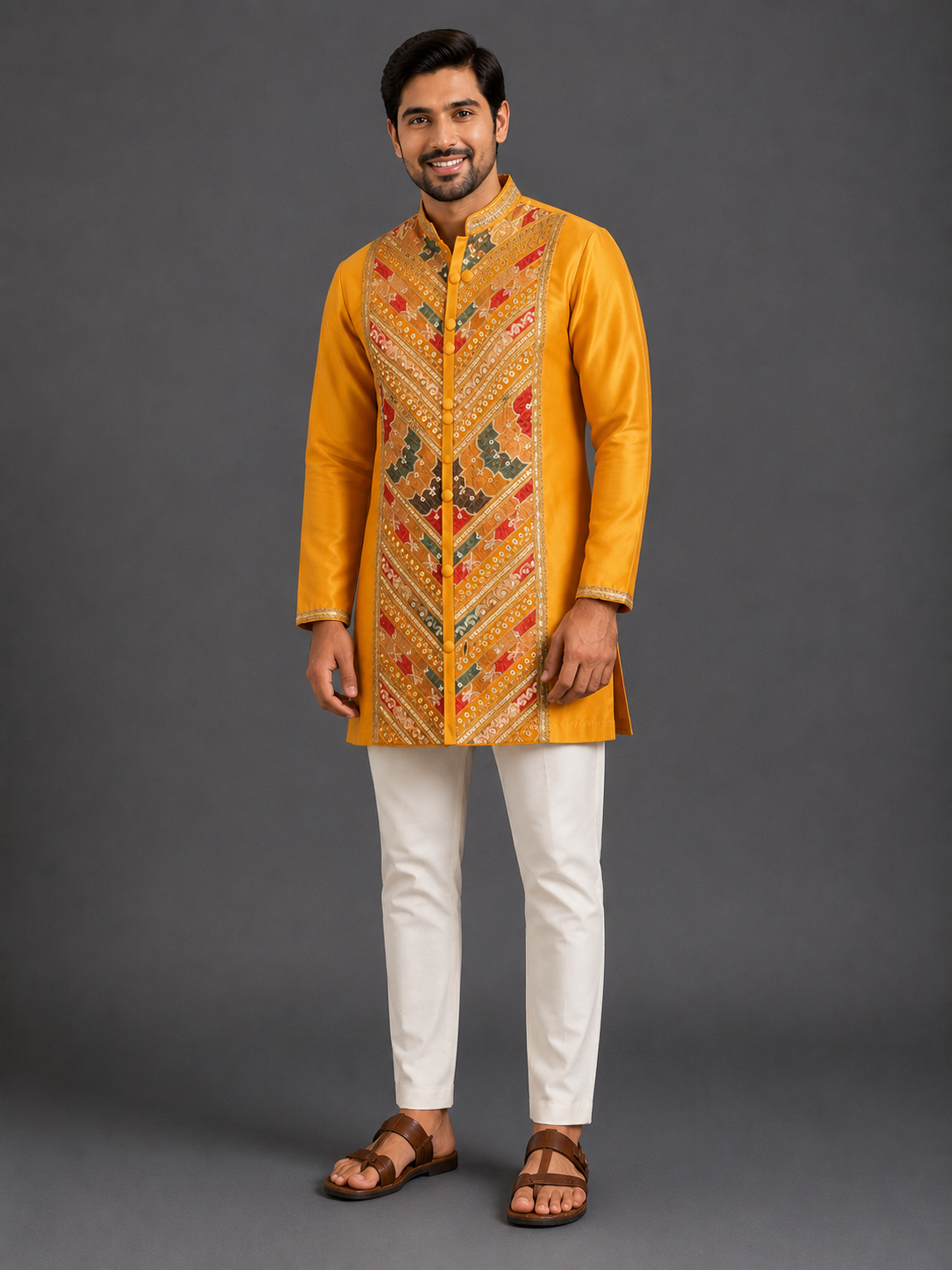 Orange/Yellow  Embroidery Panel Kurta  set