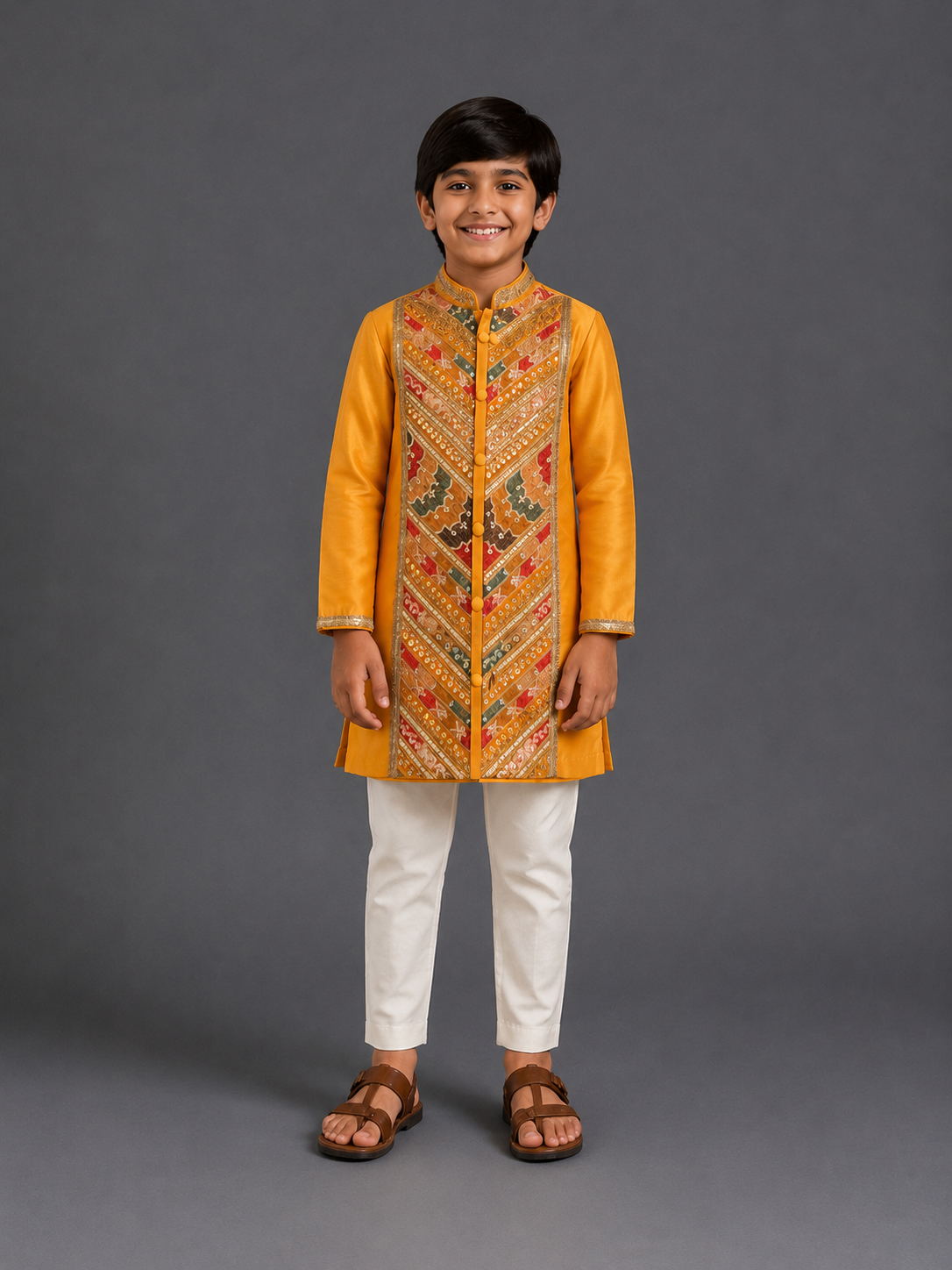 Orange/Yellow  Embroidery Panel Kurta  set