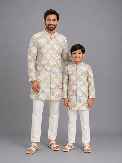 White Embroidery Bandhgala Churidar set
