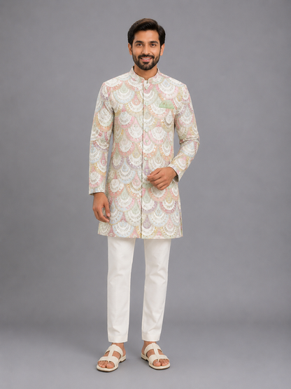 White Embroidery Bandhgala Churidar set