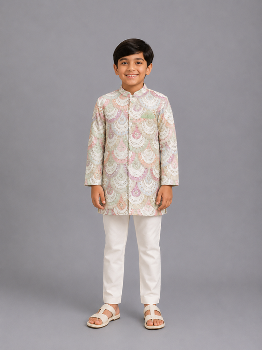 White Embroidery Bandhgala Churidar set