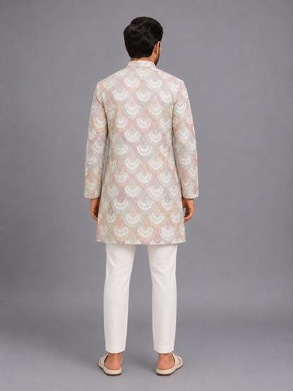 White Embroidery Bandhgala Churidar set