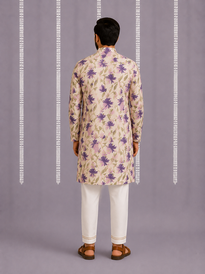 Off white purple floral cow kurta set