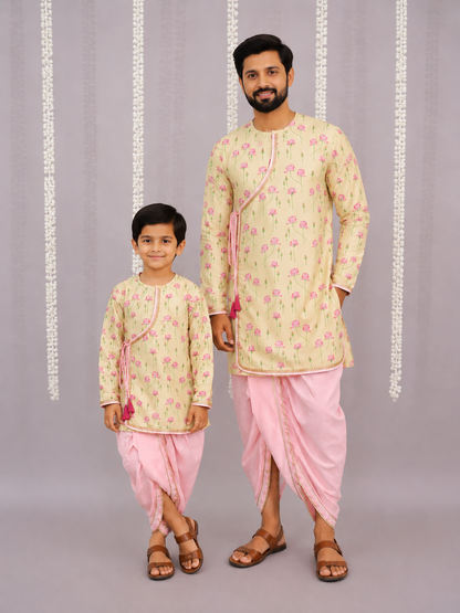 Yellow lotus Print Kurta dhoti set