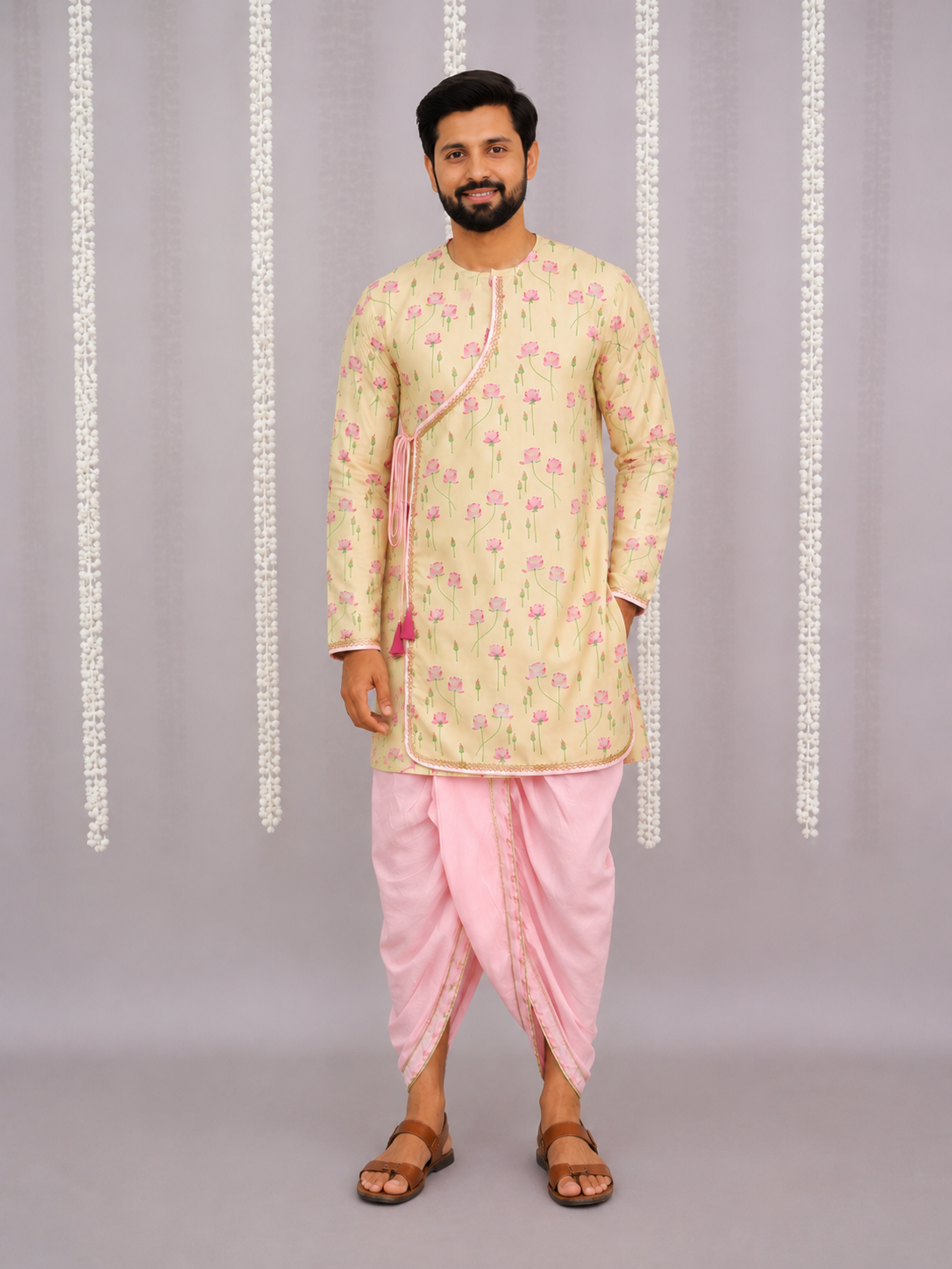 Yellow lotus Print Kurta dhoti set