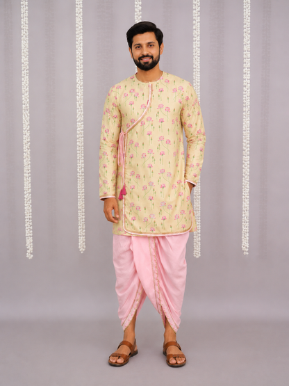 Yellow lotus Print Kurta dhoti set