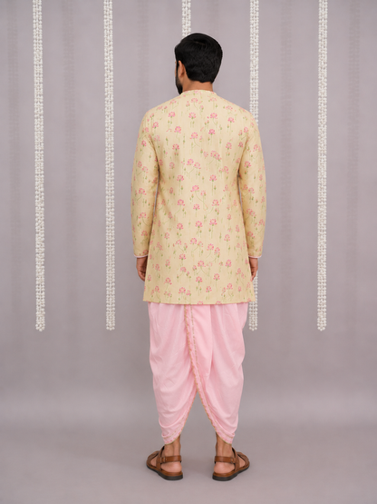 Yellow lotus Print Kurta dhoti set