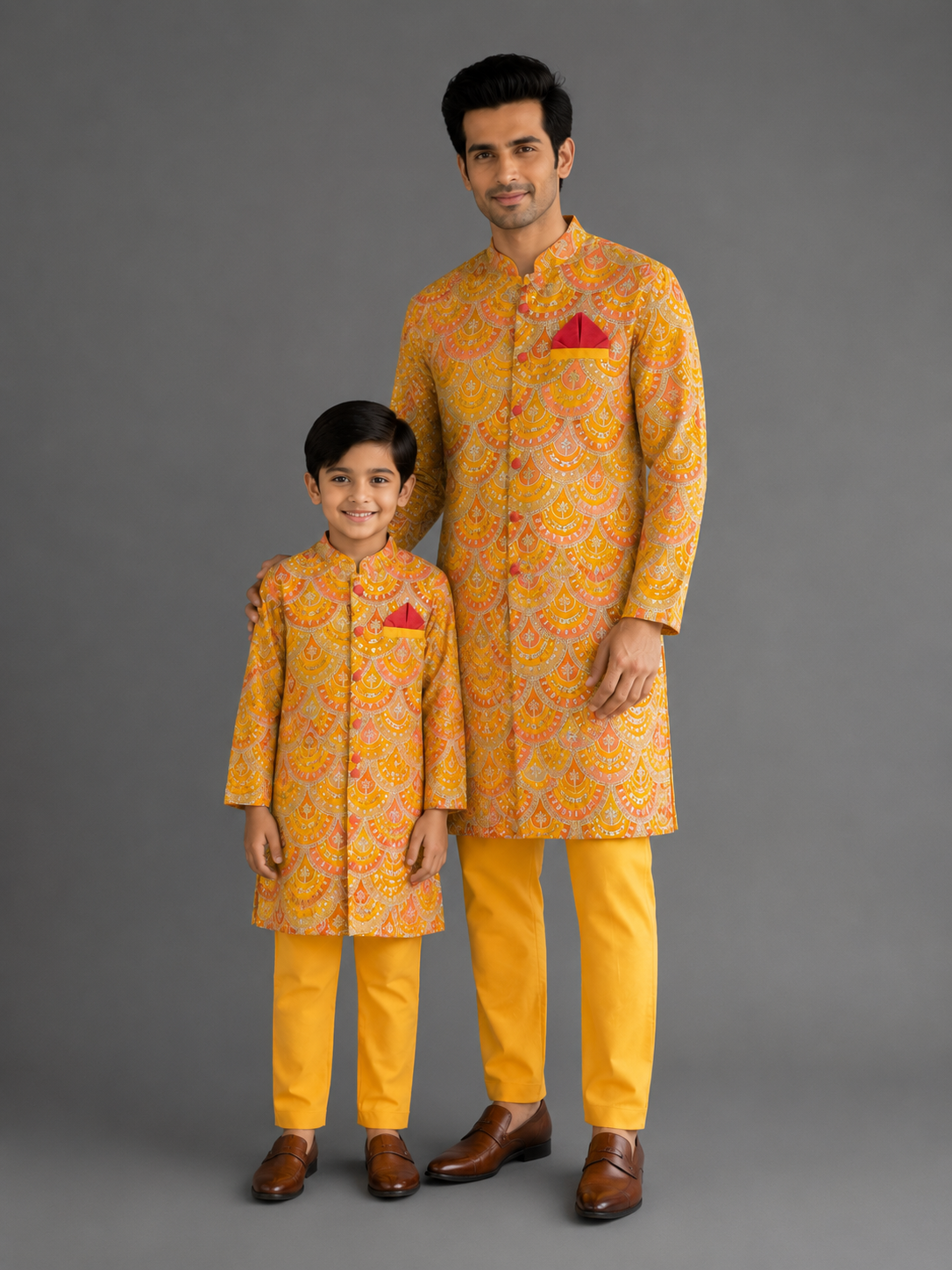 Mustard Yellow scallop embroidery Bandhgala churidar set