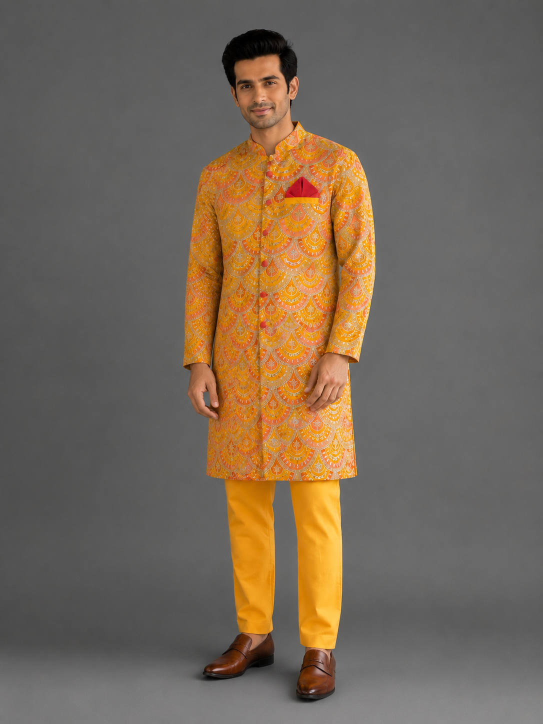 Mustard Yellow scallop embroidery Bandhgala churidar set