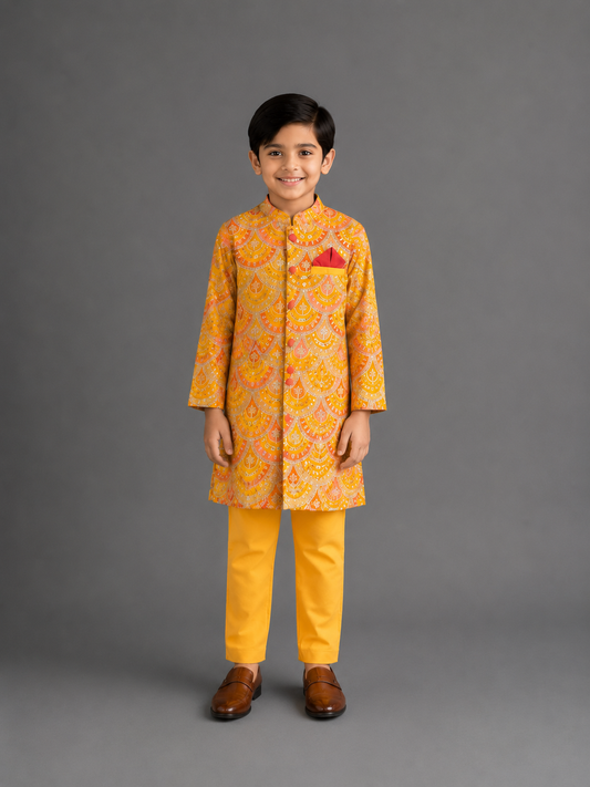 Mustard Yellow scallop embroidery Bandhgala churidar set