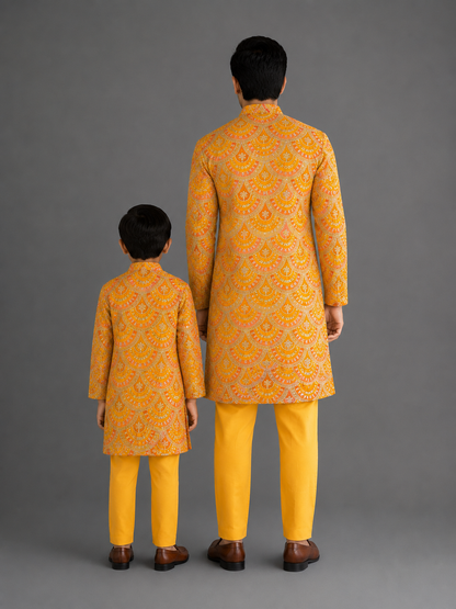 Mustard Yellow scallop embroidery Bandhgala churidar set