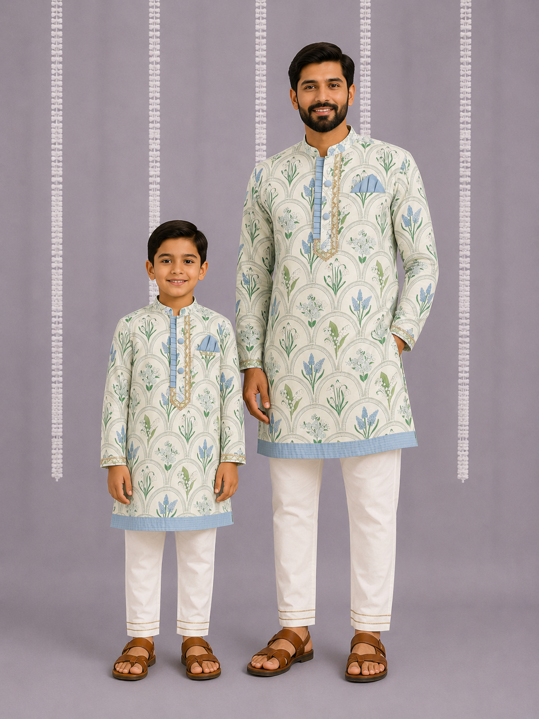 Off white blue flower print kurta set