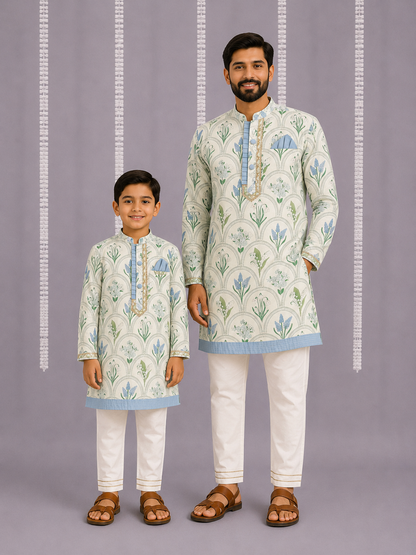 Off white blue flower print kurta set