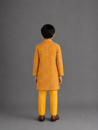 Mustard Yellow scallop embroidery Bandhgala churidar set