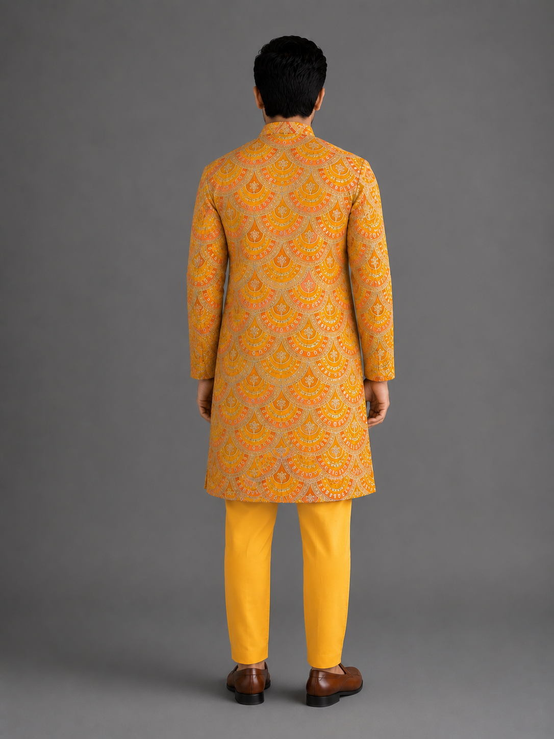 Mustard Yellow scallop embroidery Bandhgala churidar set