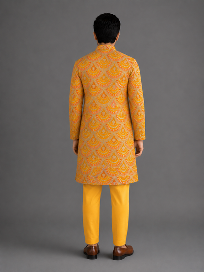 Mustard Yellow scallop embroidery Bandhgala churidar set