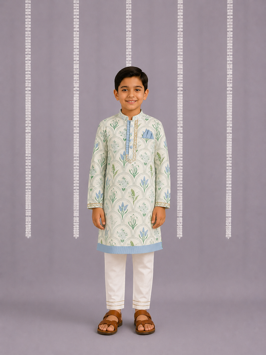 Off white blue flower print kurta set