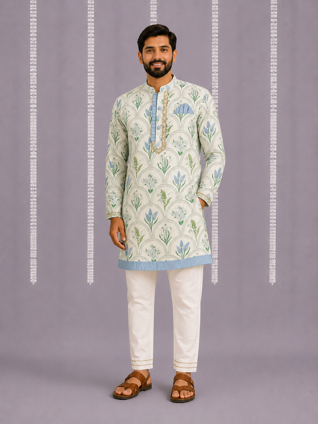 Off white blue flower print kurta set