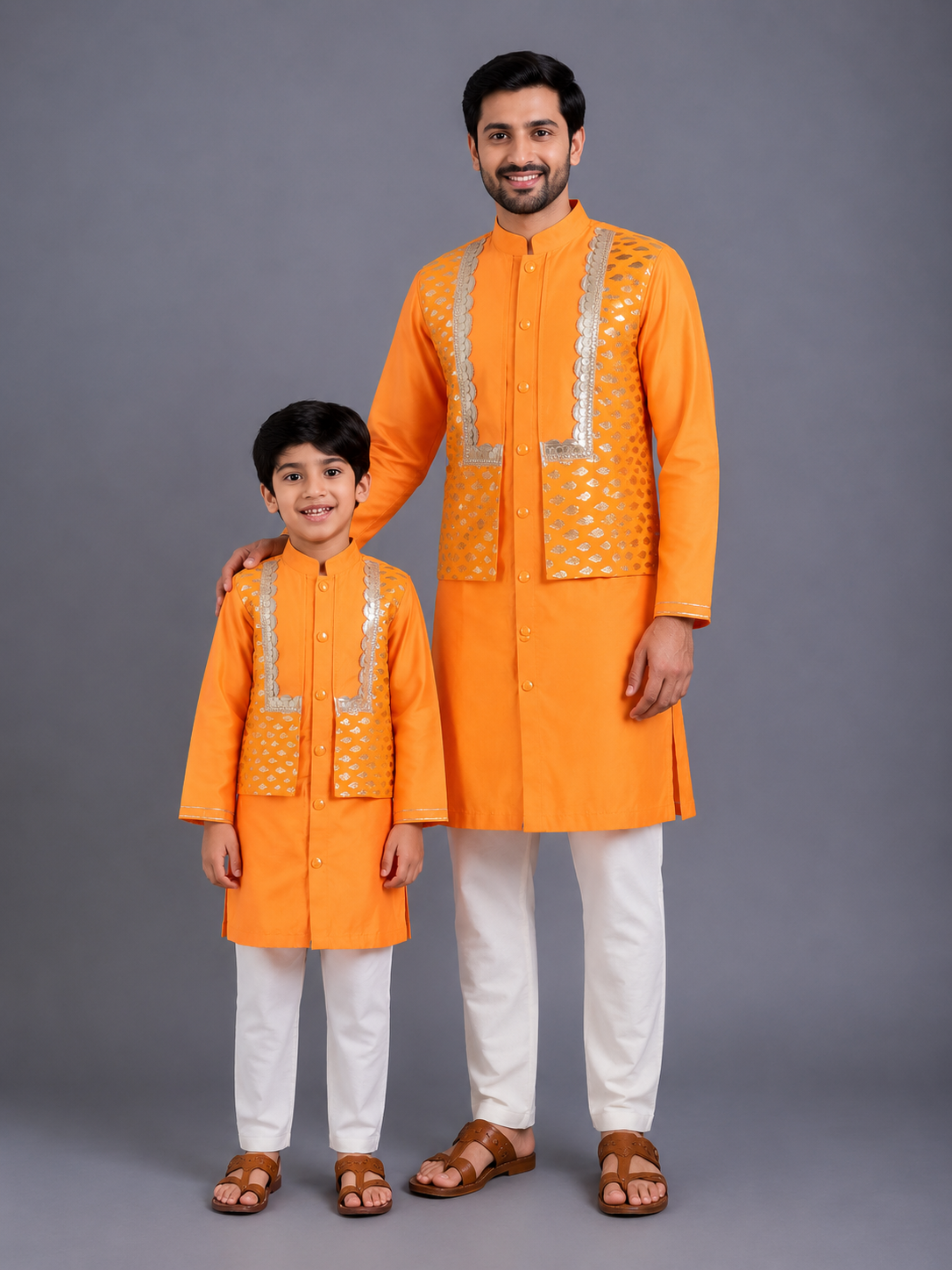 Orange Kurta with Zari attached Jacket and Pyjama