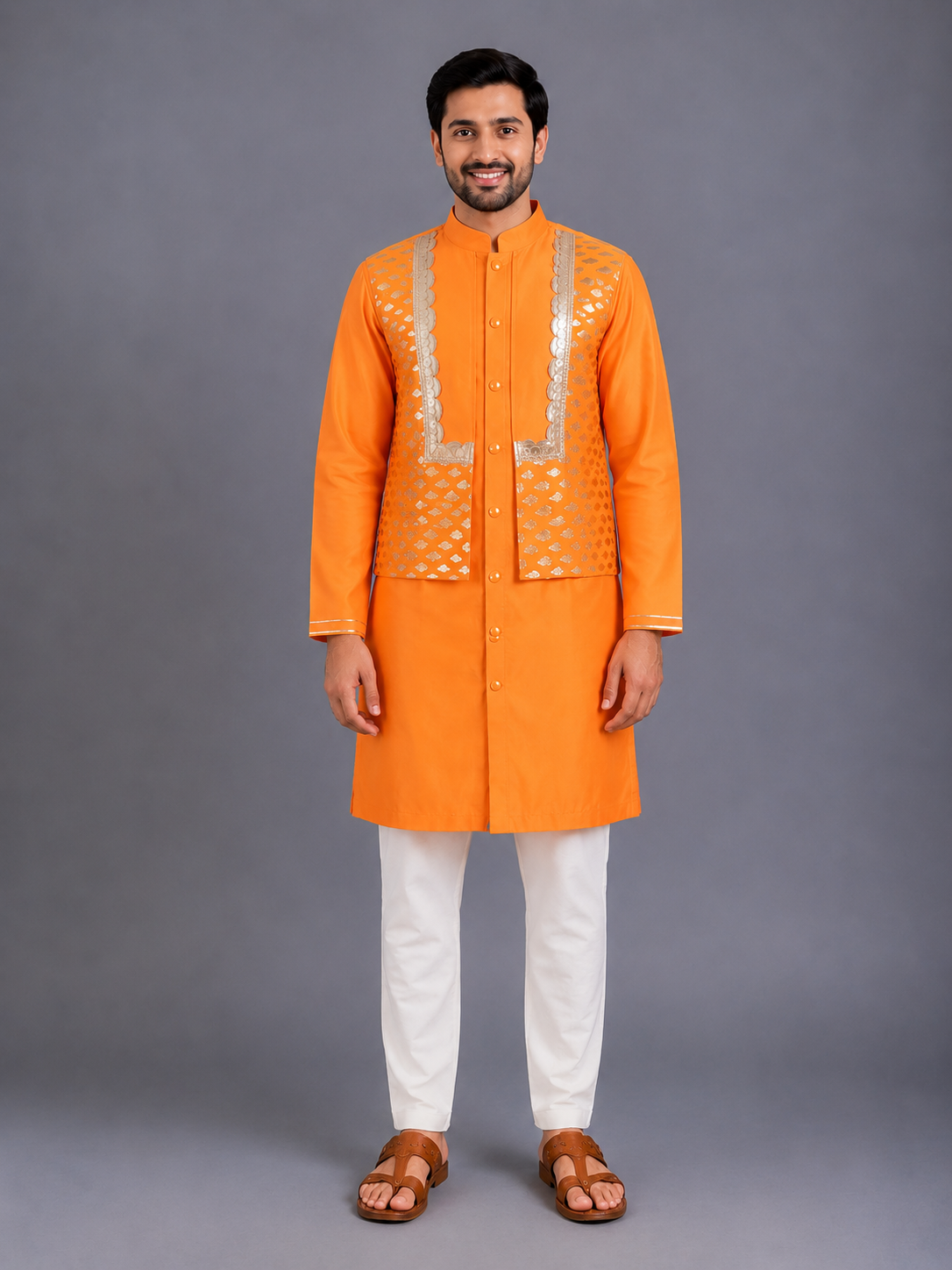 Orange Kurta with Zari attached Jacket and Pyjama