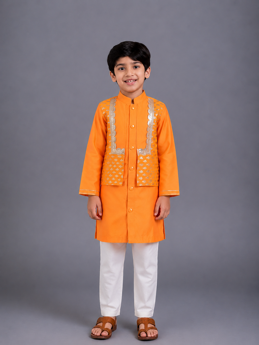 Orange Kurta with Zari attached Jacket and Pyjama