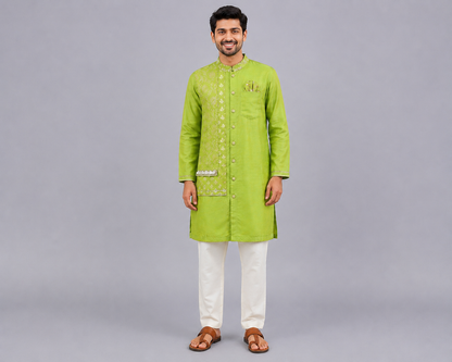 Green Chanderi Panel Kurta Pyjama Set
