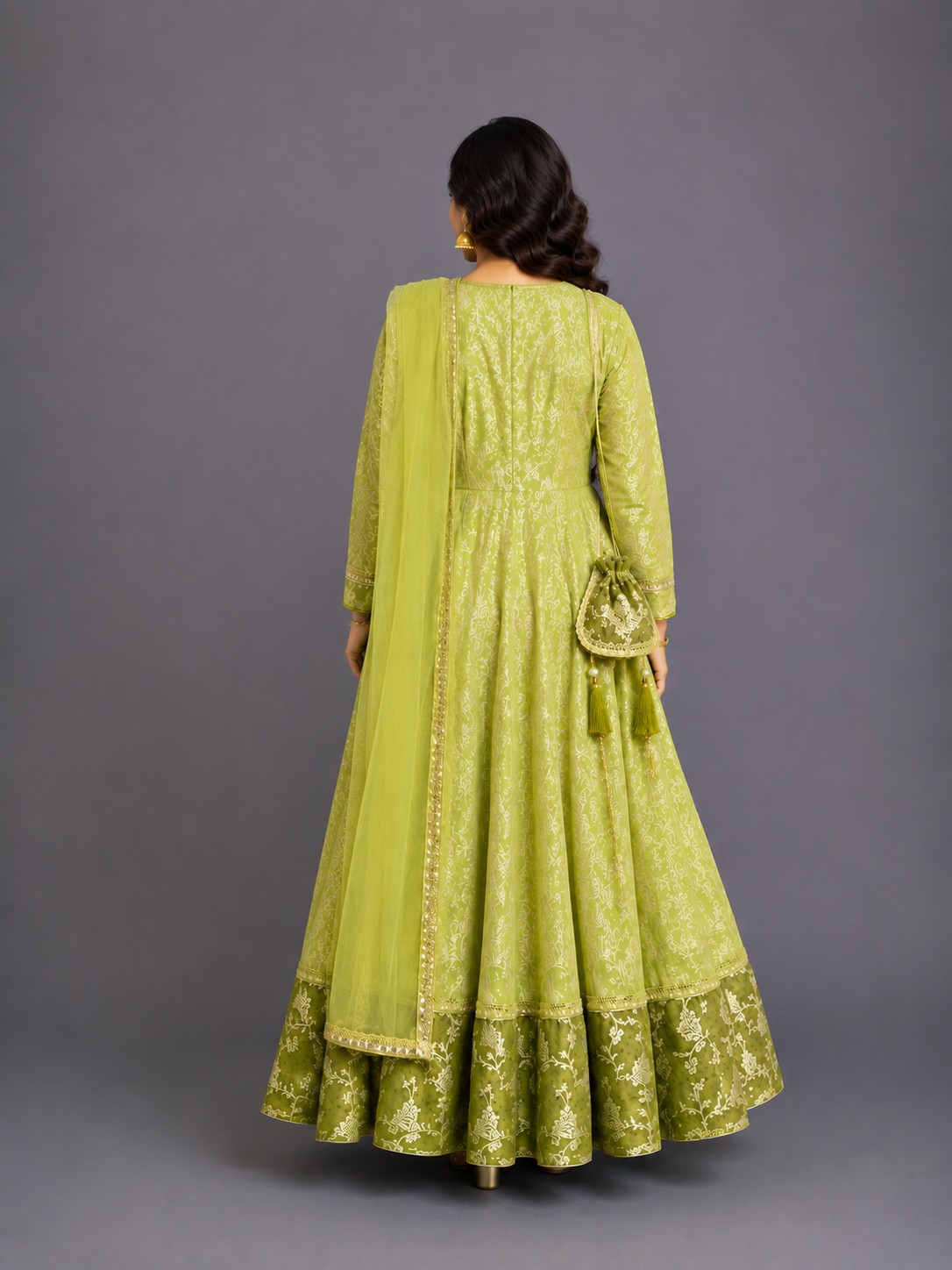 Olive green full length anarkali with dupatta and potli bag