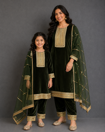 Bottle Green velvet kurta set